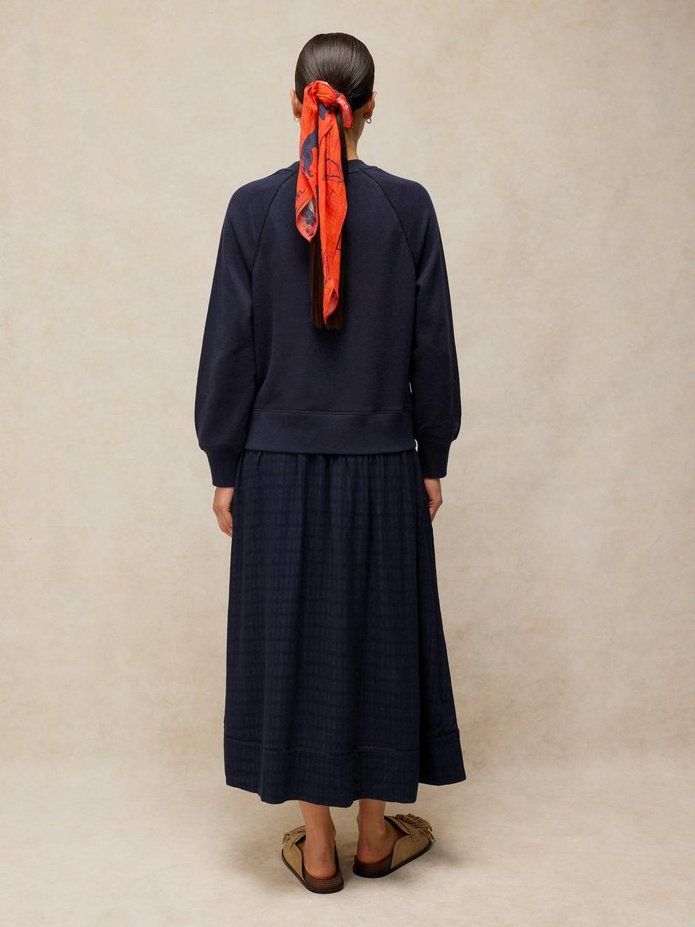 CARTER MIX SWEAT DRESS in DARK NAVY - MODEL BACK