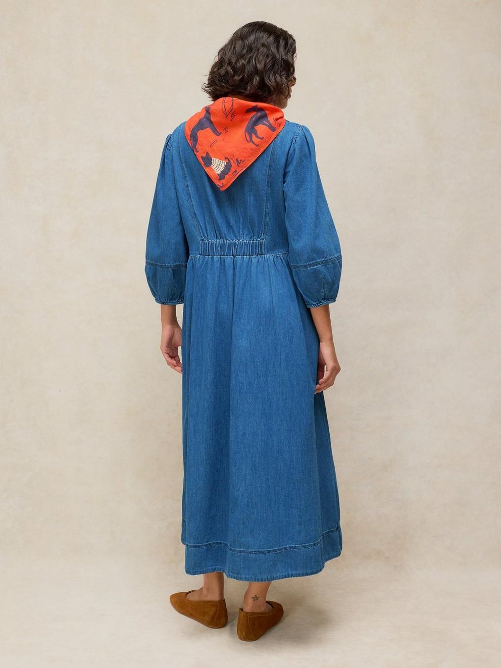 KRYSTIN DENIM DRESS in MID DENIM - MODEL BACK