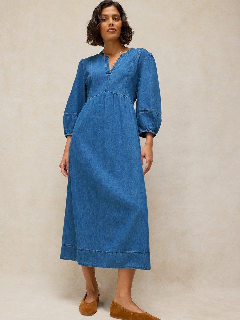 KRYSTIN DENIM DRESS in MID DENIM - MODEL DETAIL