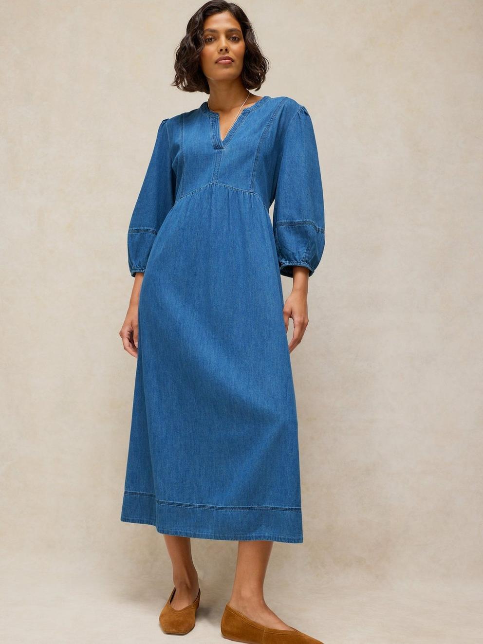 KRYSTIN DENIM DRESS in MID DENIM - MODEL DETAIL