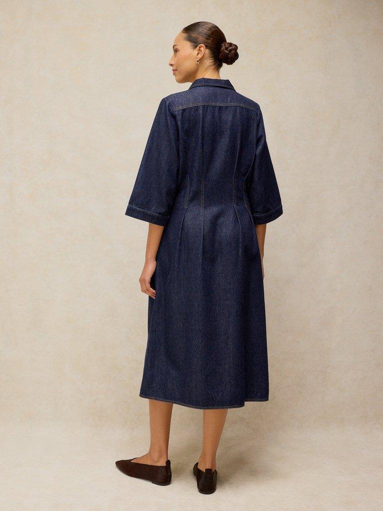 LUNA DENIM PLEAT DRESS in DK DENIM - MODEL BACK