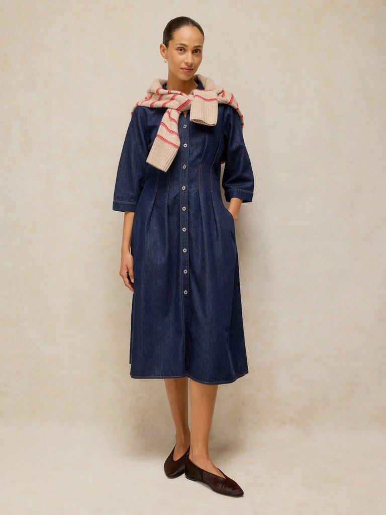 LUNA DENIM PLEAT DRESS in DK DENIM - MODEL FRONT