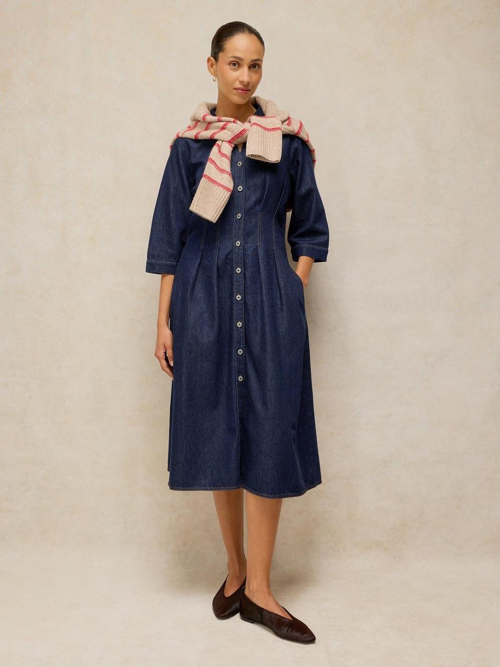 LUNA DENIM PLEAT DRESS in DK DENIM - MODEL FRONT