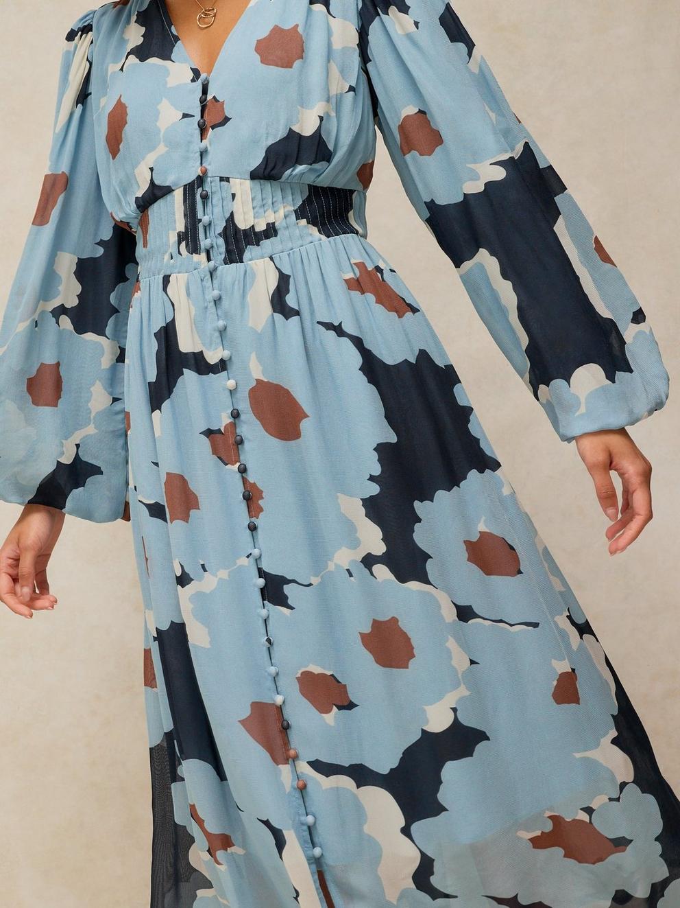 LEELA MIDI DRESS in BLUE MLT - MODEL DETAIL