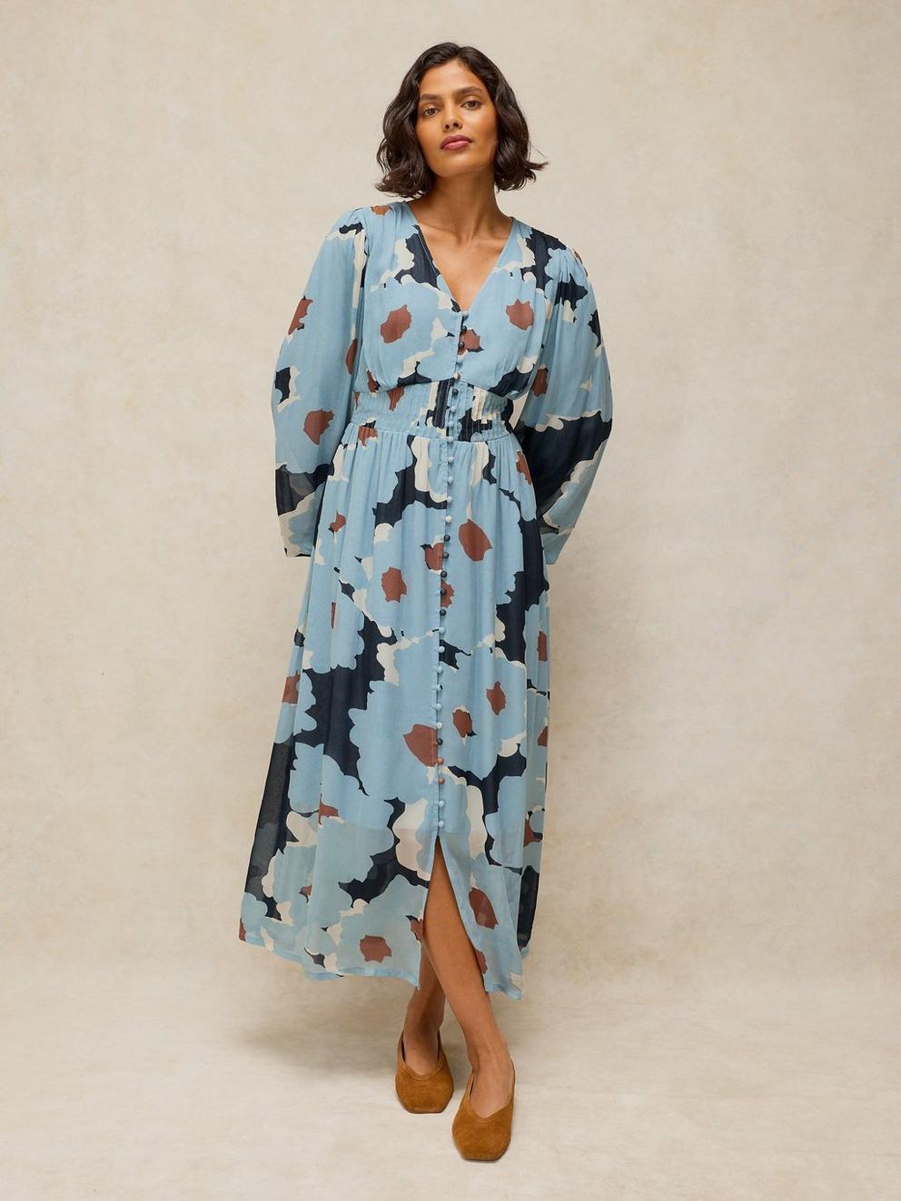 LEELA MIDI DRESS in BLUE MLT - MODEL FRONT