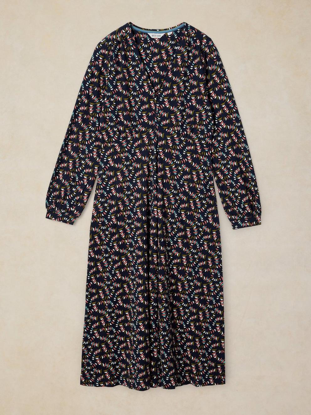 MEGAN JERSEY DRESS in NAVY MULTI - FLAT FRONT