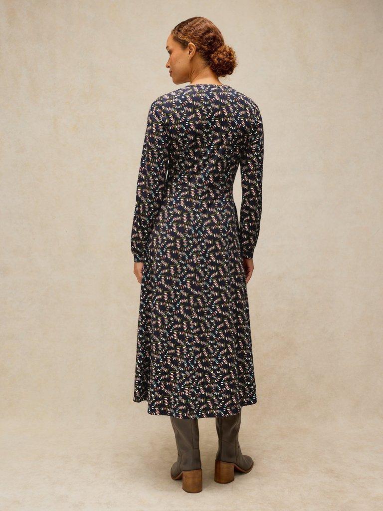MEGAN JERSEY DRESS in NAVY MULTI - MODEL BACK