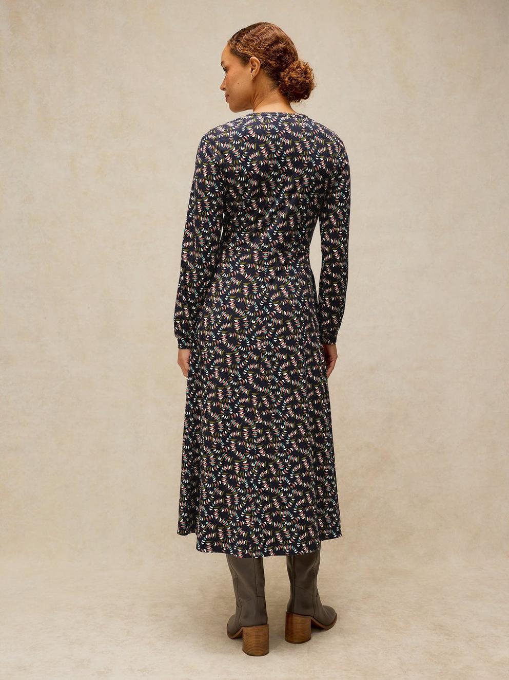 MEGAN JERSEY DRESS in NAVY MULTI - MODEL BACK