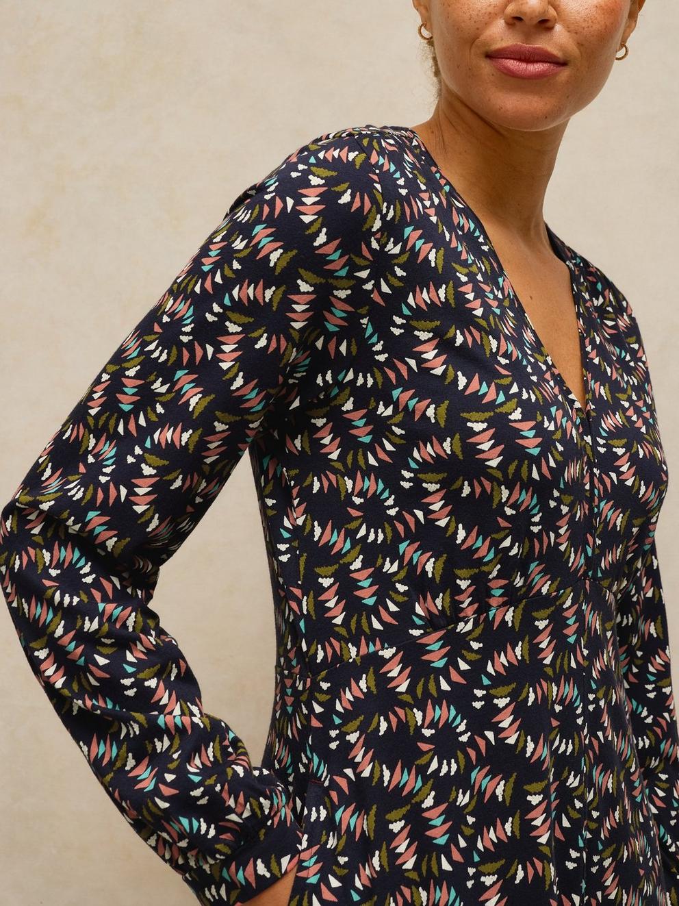 MEGAN JERSEY DRESS in NAVY MULTI - MODEL DETAIL