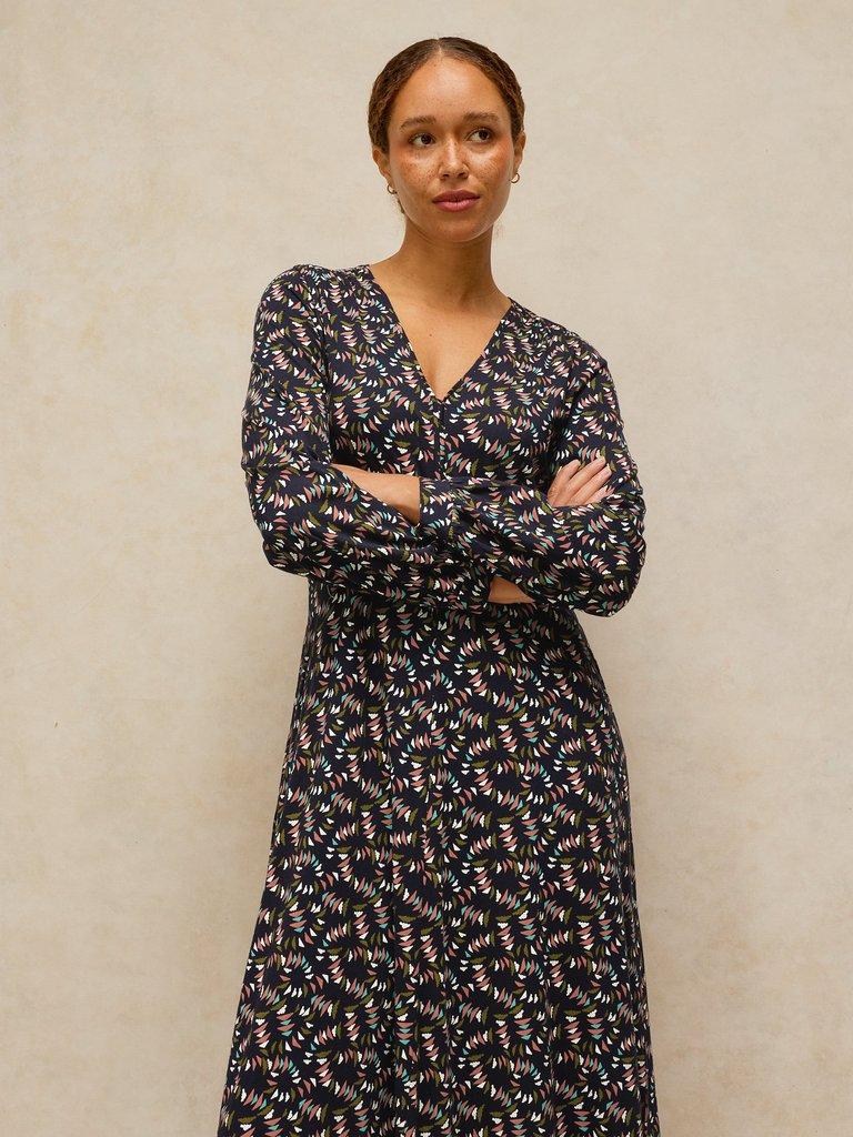 MEGAN JERSEY DRESS in NAVY MULTI - MODEL FRONT