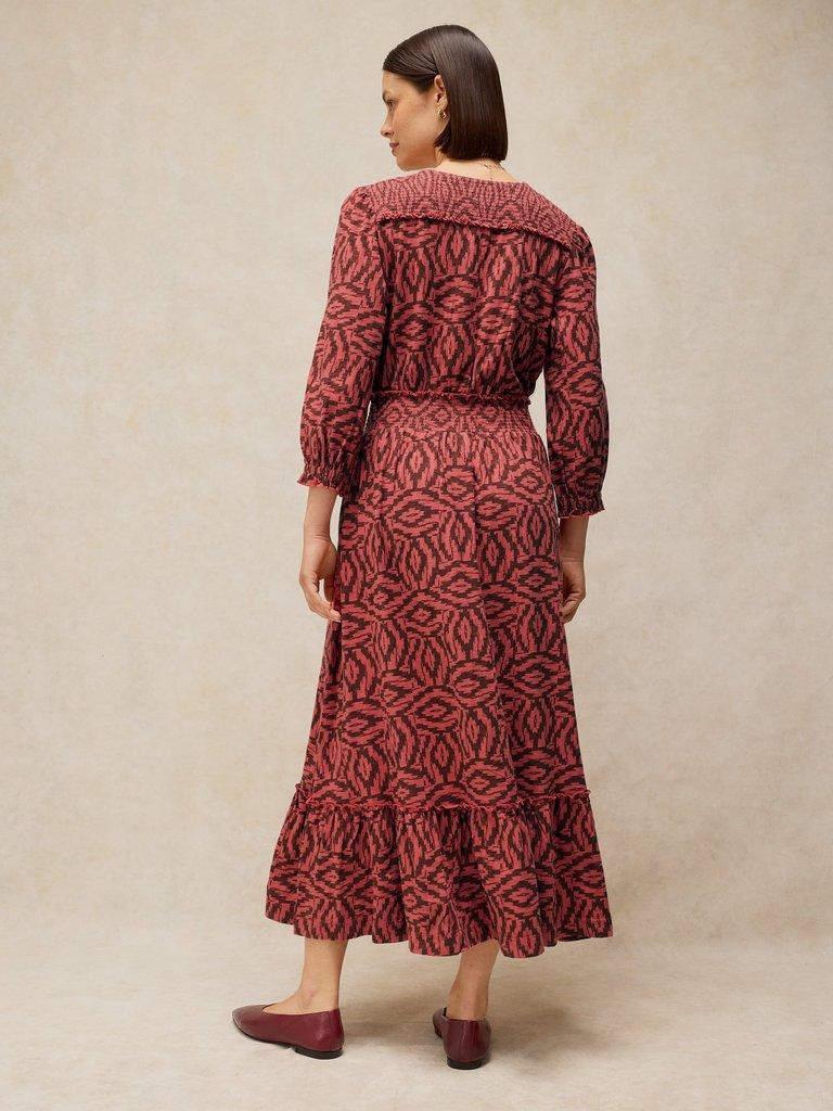 JONIE SHIRRED DRESS in PLUM PR - MODEL BACK