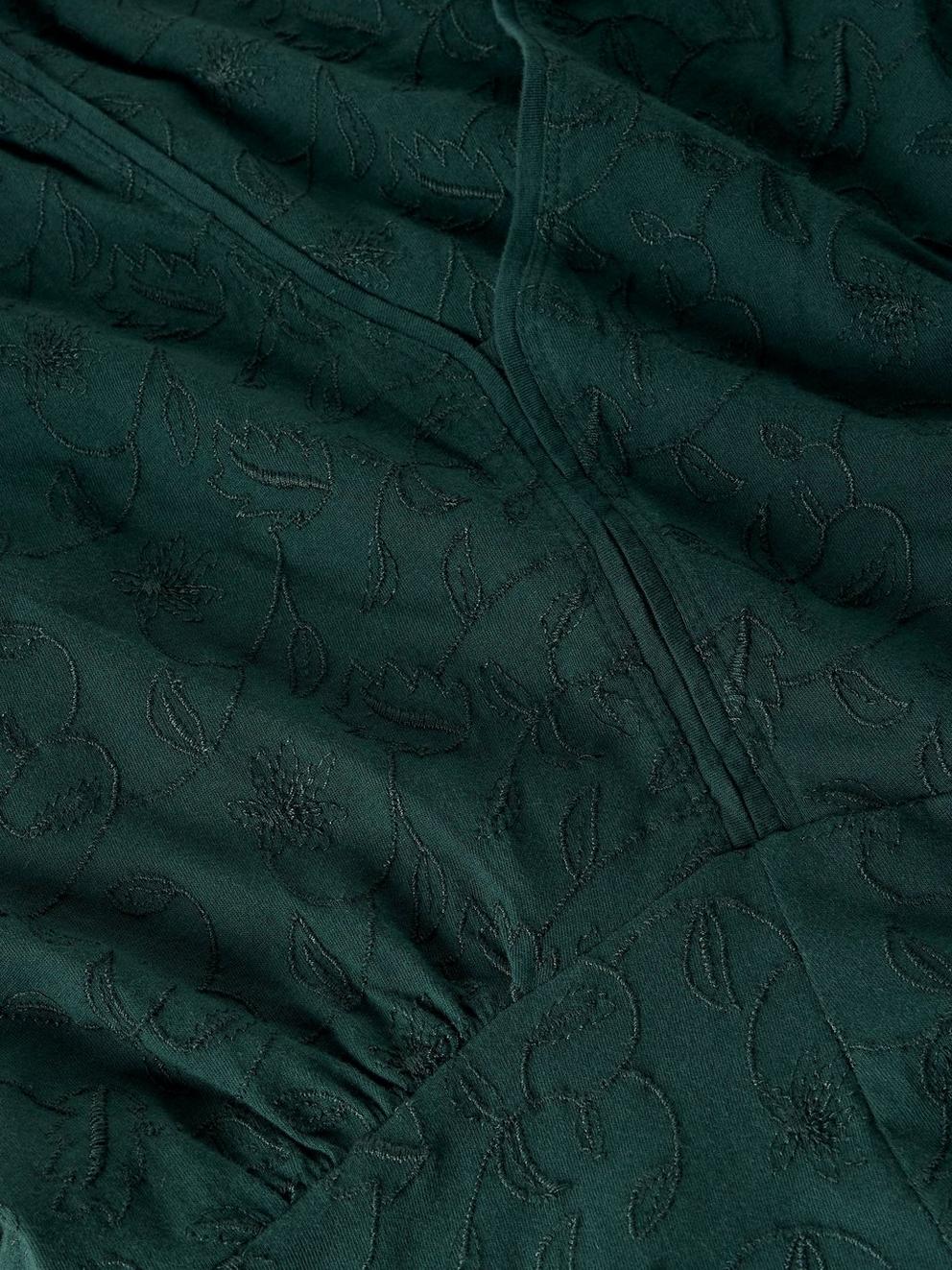 MEGAN EMBROIDERED JERSEY DRESS in DK GREEN - FLAT DETAIL