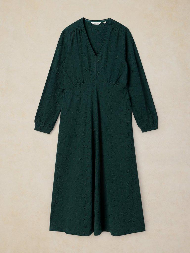 MEGAN EMBROIDERED JERSEY DRESS in DK GREEN - FLAT FRONT