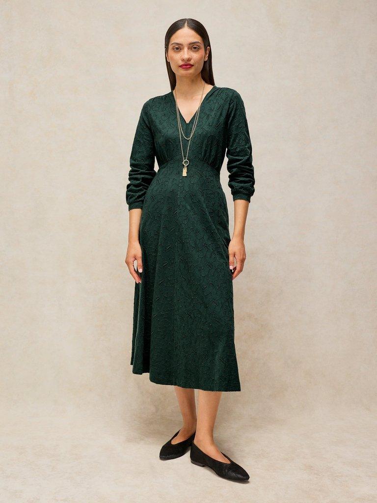 MEGAN EMBROIDERED JERSEY DRESS in DK GREEN - LIFESTYLE