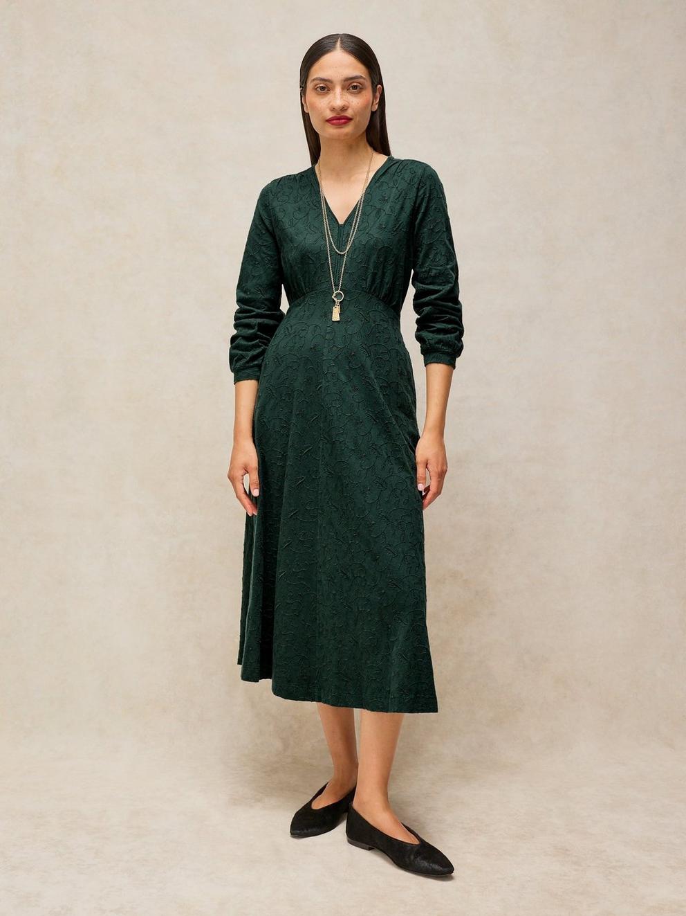 MEGAN EMBROIDERED JERSEY DRESS in DK GREEN - LIFESTYLE