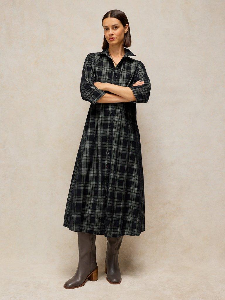 ELLIE CORD PLEATED DRESS in BLK MLT - MODEL FRONT