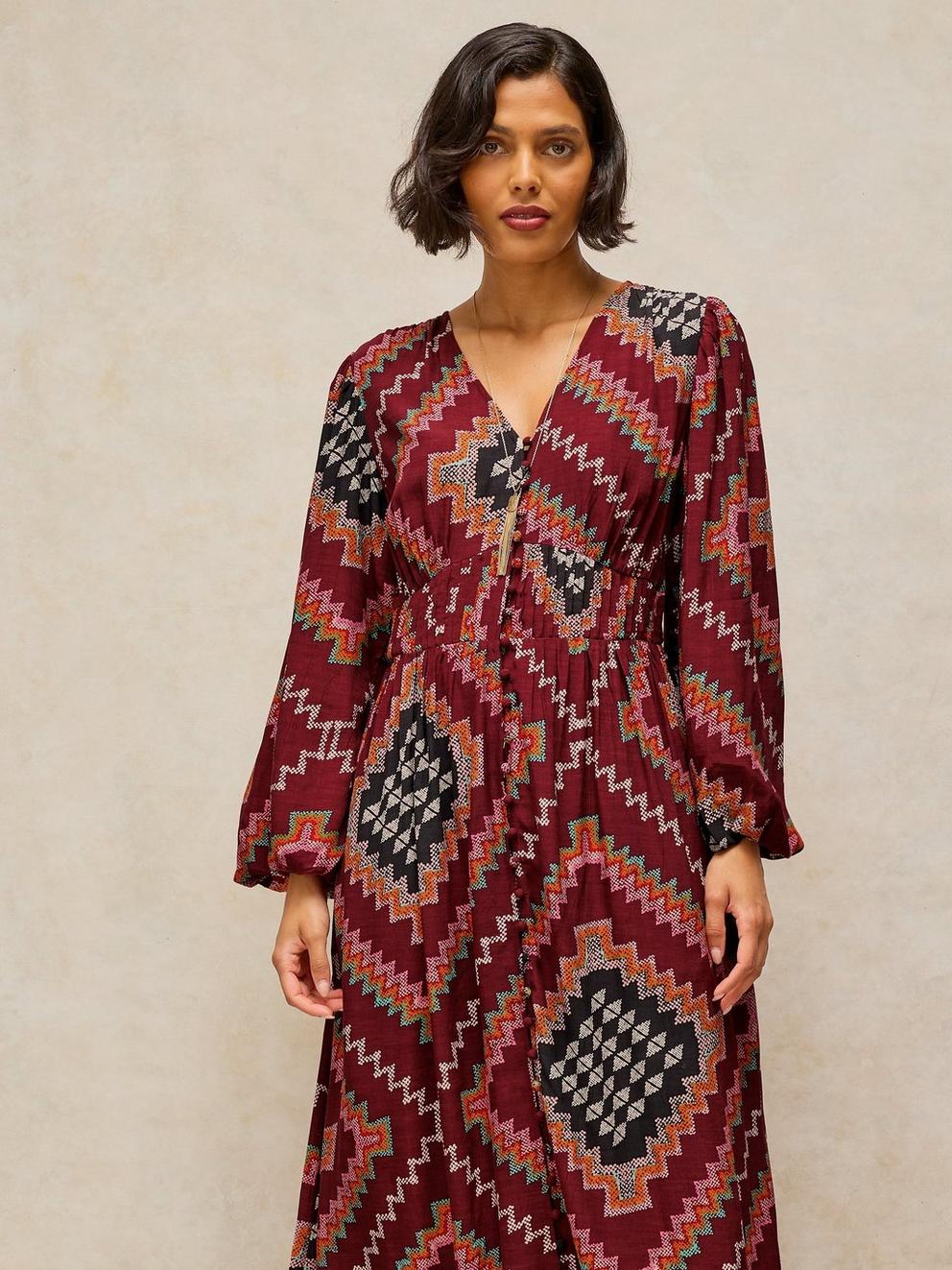 LEELA MIDI DRESS in PLUM MLT - MODEL DETAIL