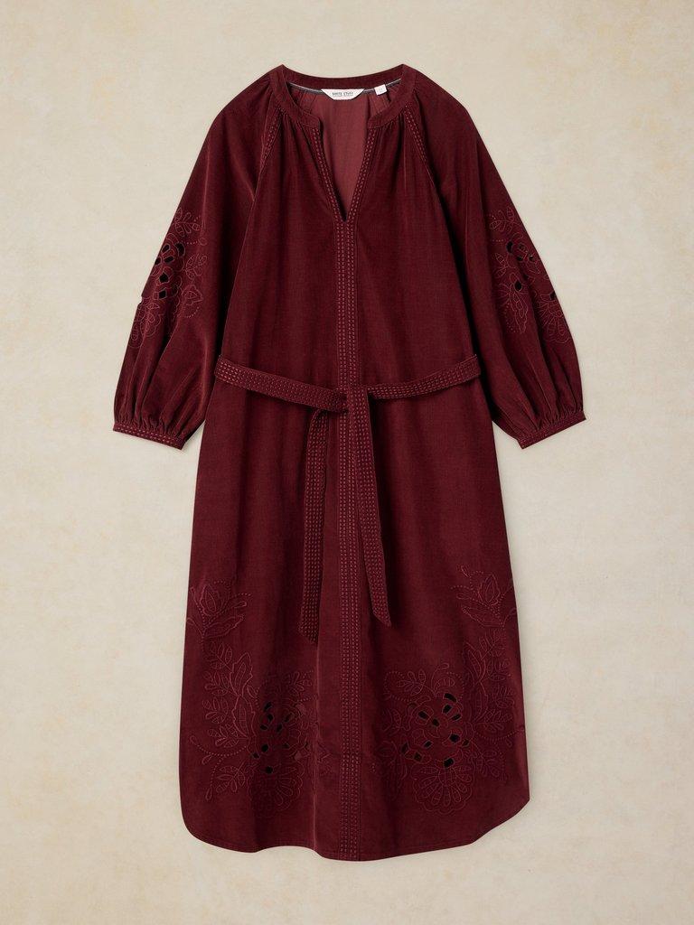 ANNIKA EMBROIDERED CORD DRESS in DK RED - FLAT FRONT