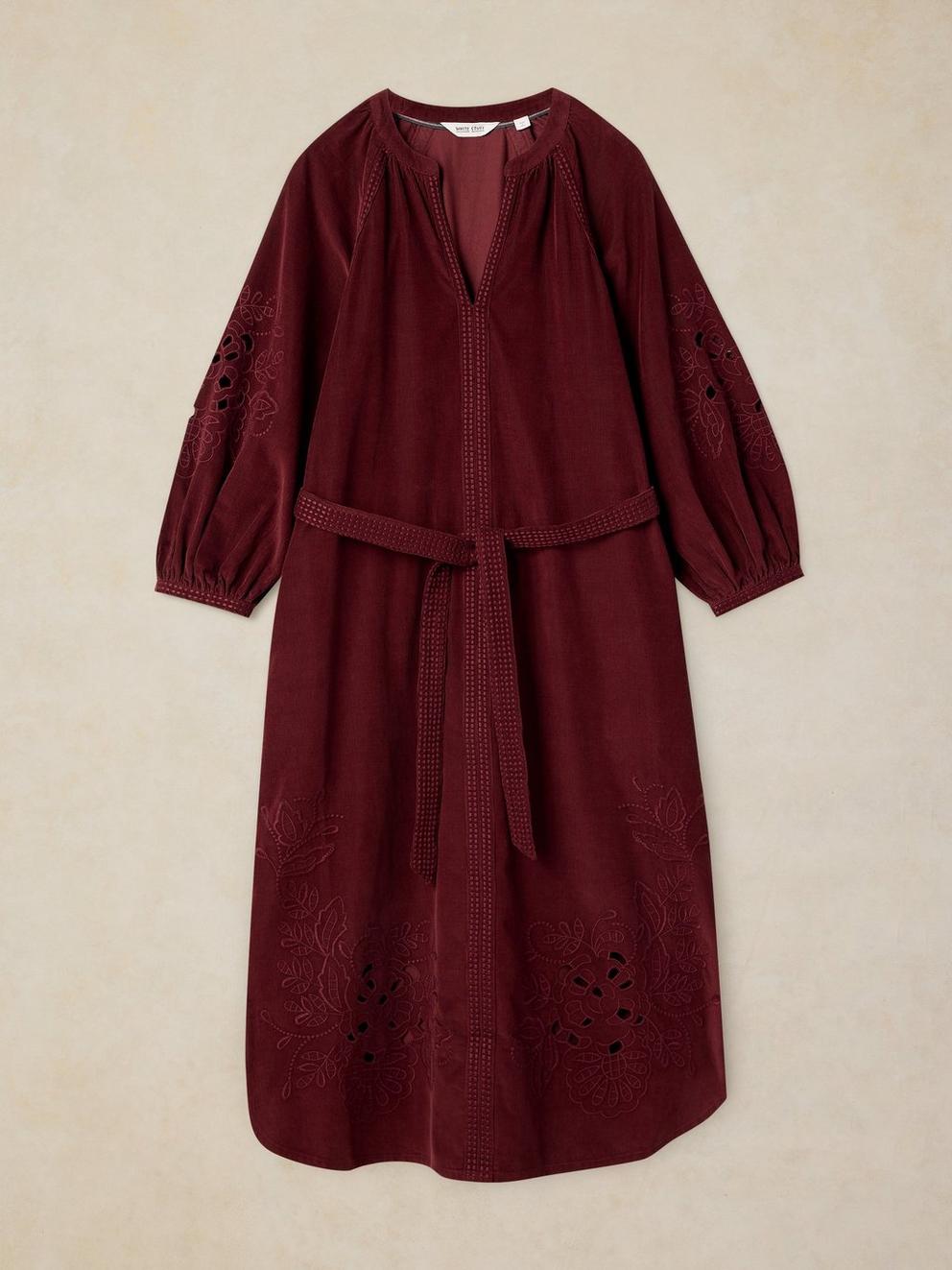 ANNIKA EMBROIDERED CORD DRESS in DK RED - FLAT FRONT