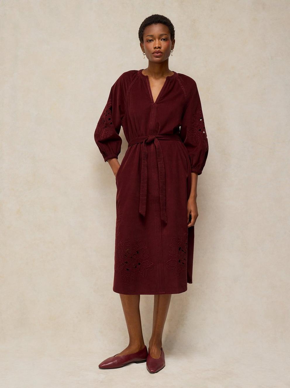 ANNIKA EMBROIDERED CORD DRESS in DK RED - LIFESTYLE