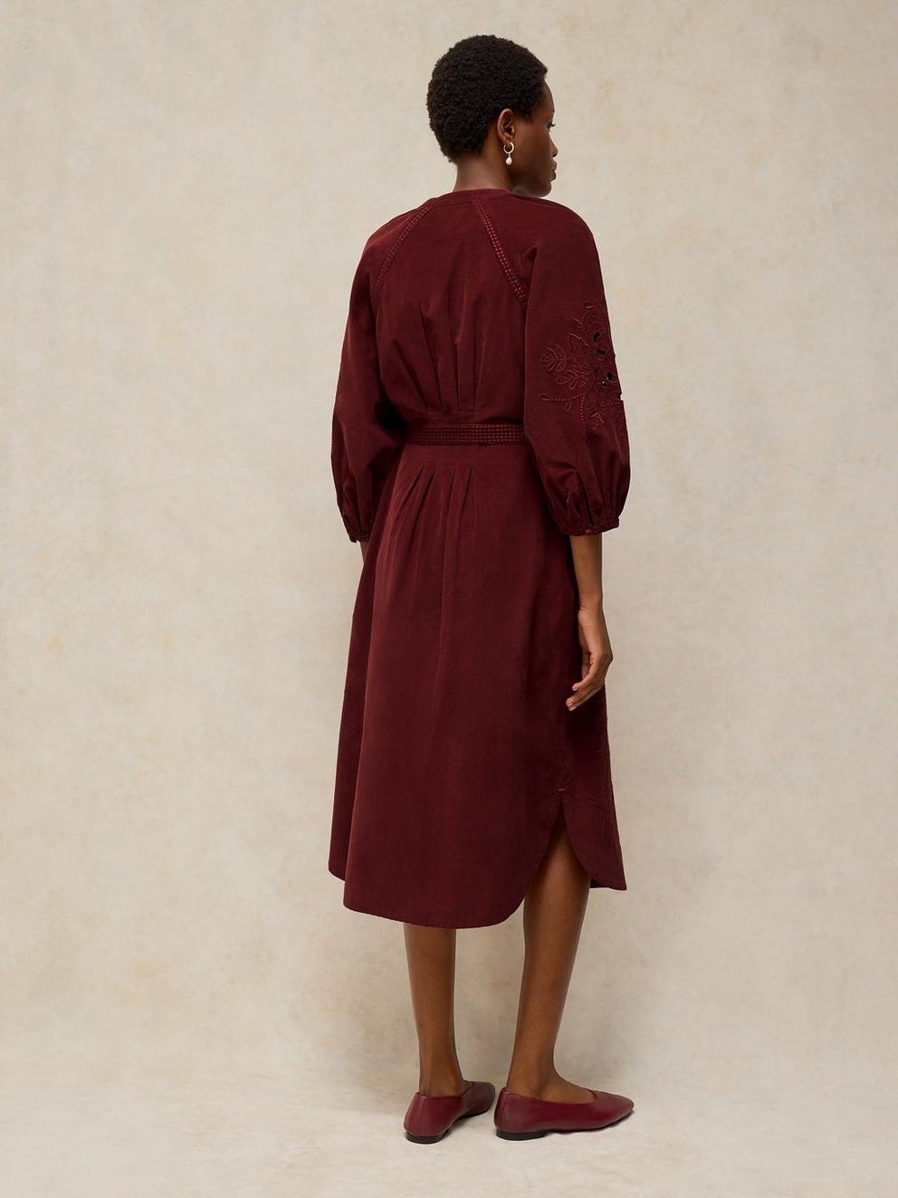 ANNIKA EMBROIDERED CORD DRESS in DK RED - MODEL BACK