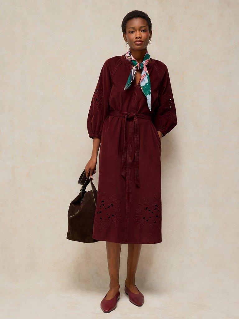 ANNIKA EMBROIDERED CORD DRESS in DK RED - MODEL DETAIL