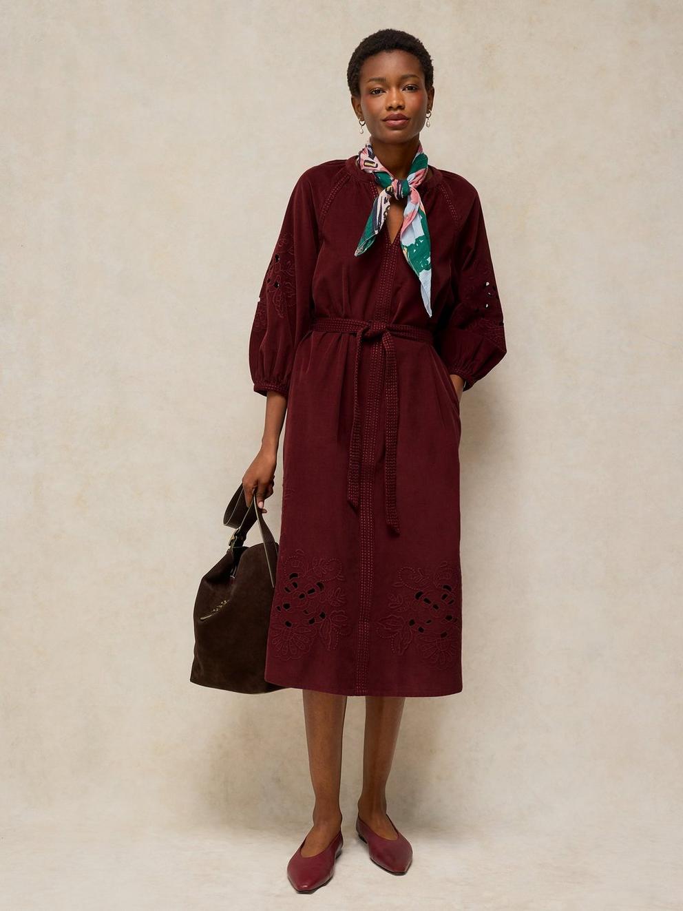 ANNIKA EMBROIDERED CORD DRESS in DK RED - MODEL DETAIL