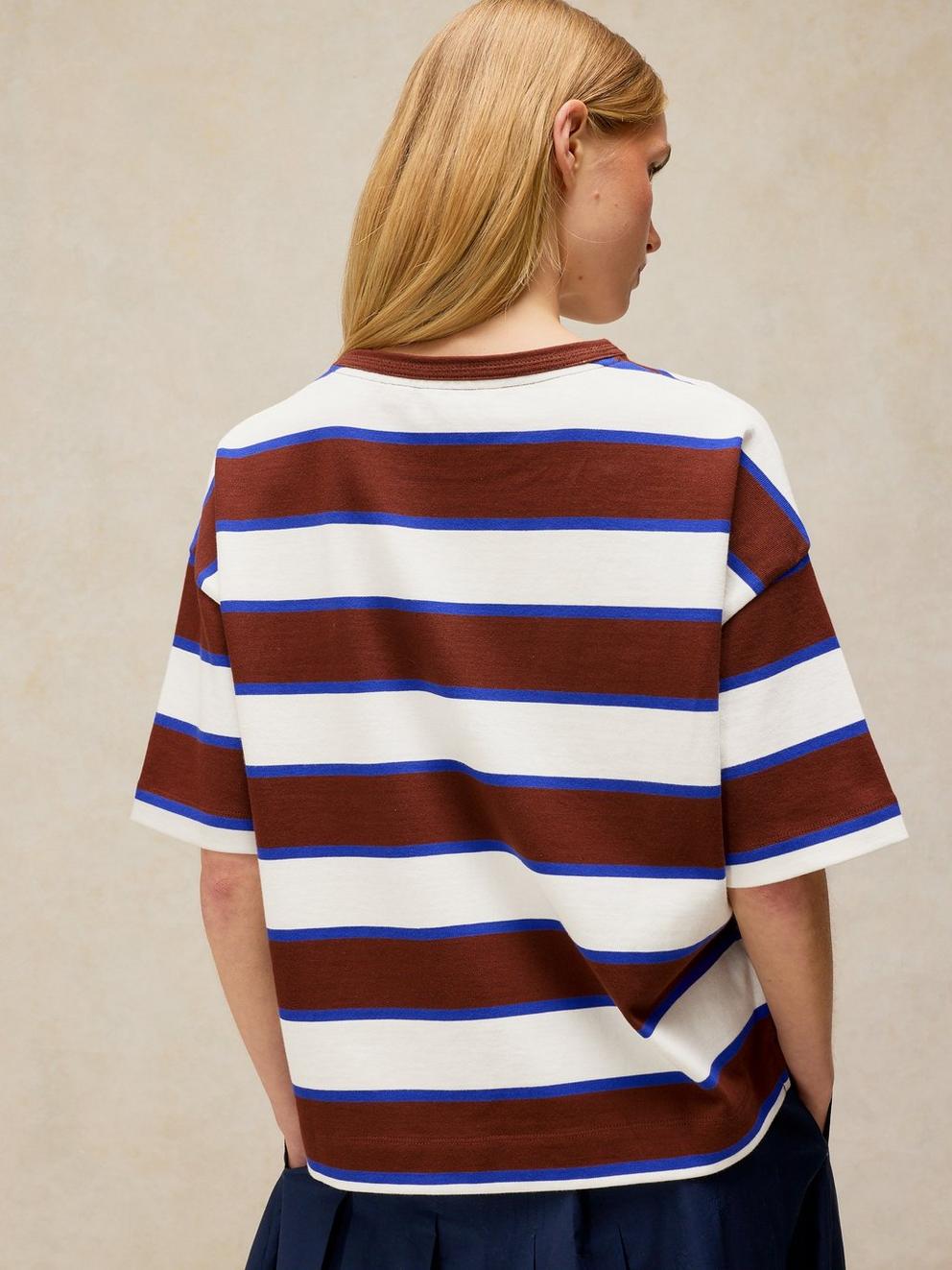 KAT STRIPE MIDWEIGHT TEE in BROWN MLT - MODEL BACK