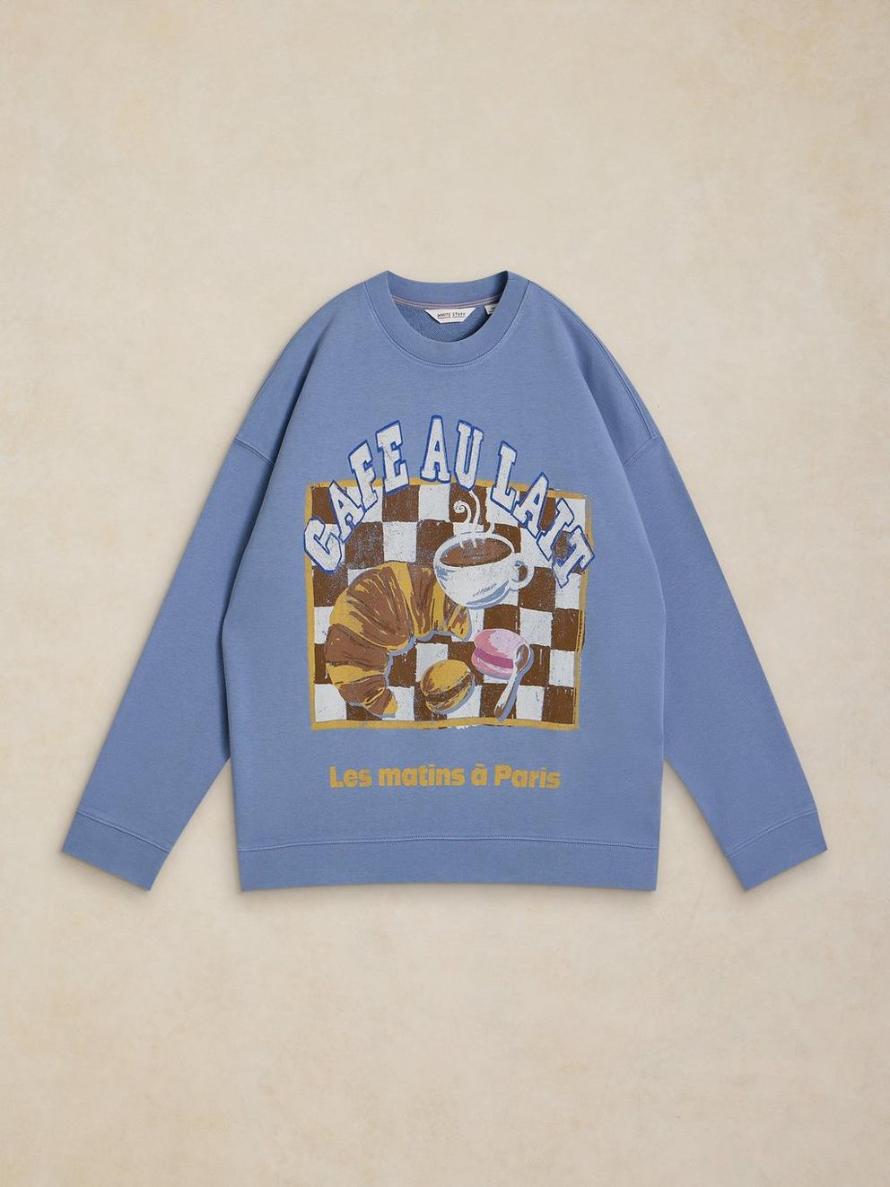 CLEO LONGLINE GRAPHIC SWEAT in BLUE PR - FLAT FRONT