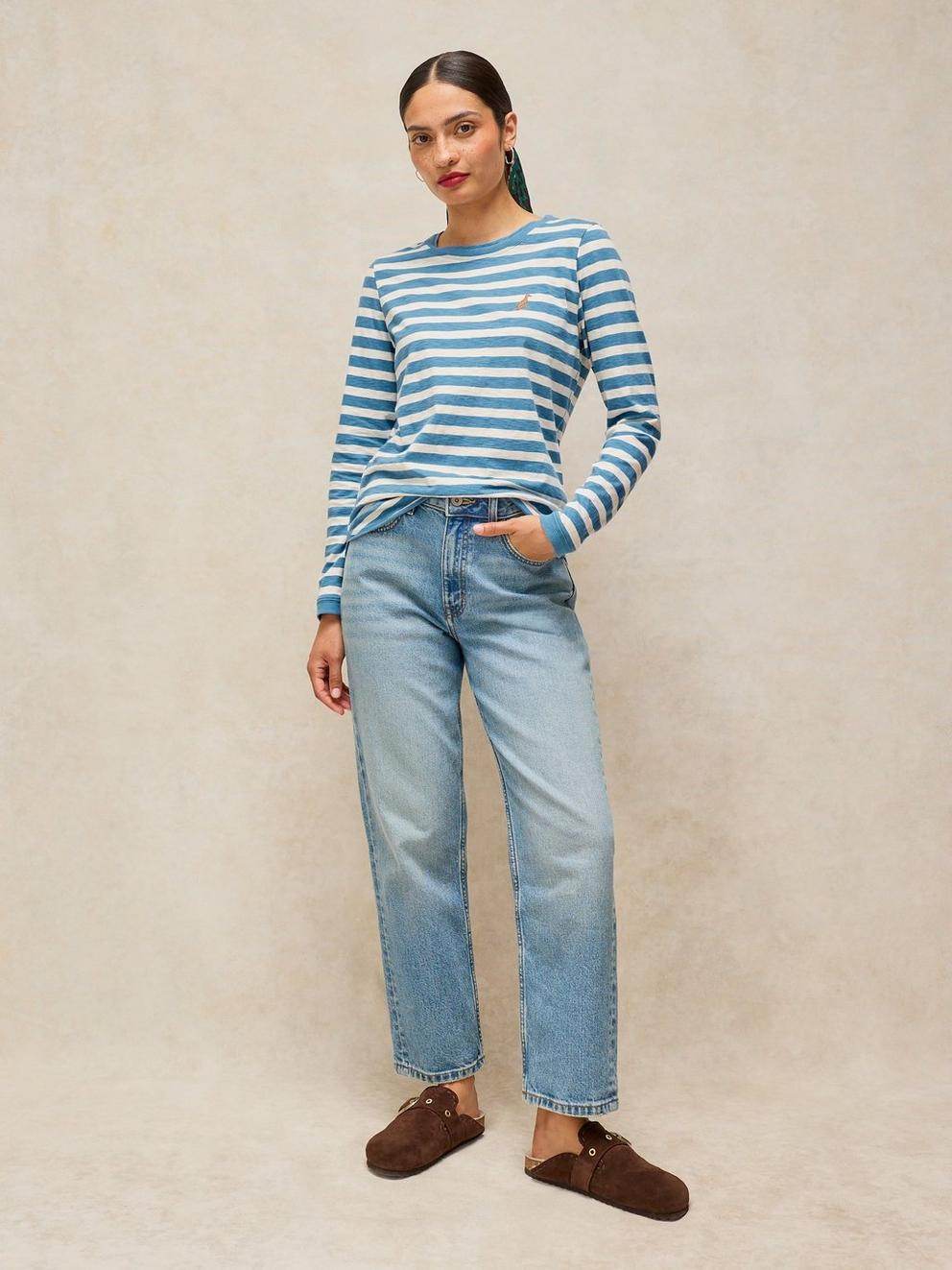 CLARA STRIPE EMBROIDERED TEE in IVORY MLT - MODEL FRONT