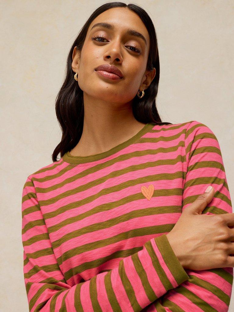 CLARA STRIPE EMBROIDERED TEE in PINK MLT - LIFESTYLE