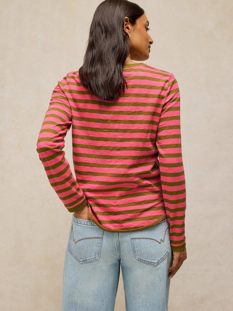 CLARA STRIPE EMBROIDERED TEE in PINK MLT - MODEL BACK