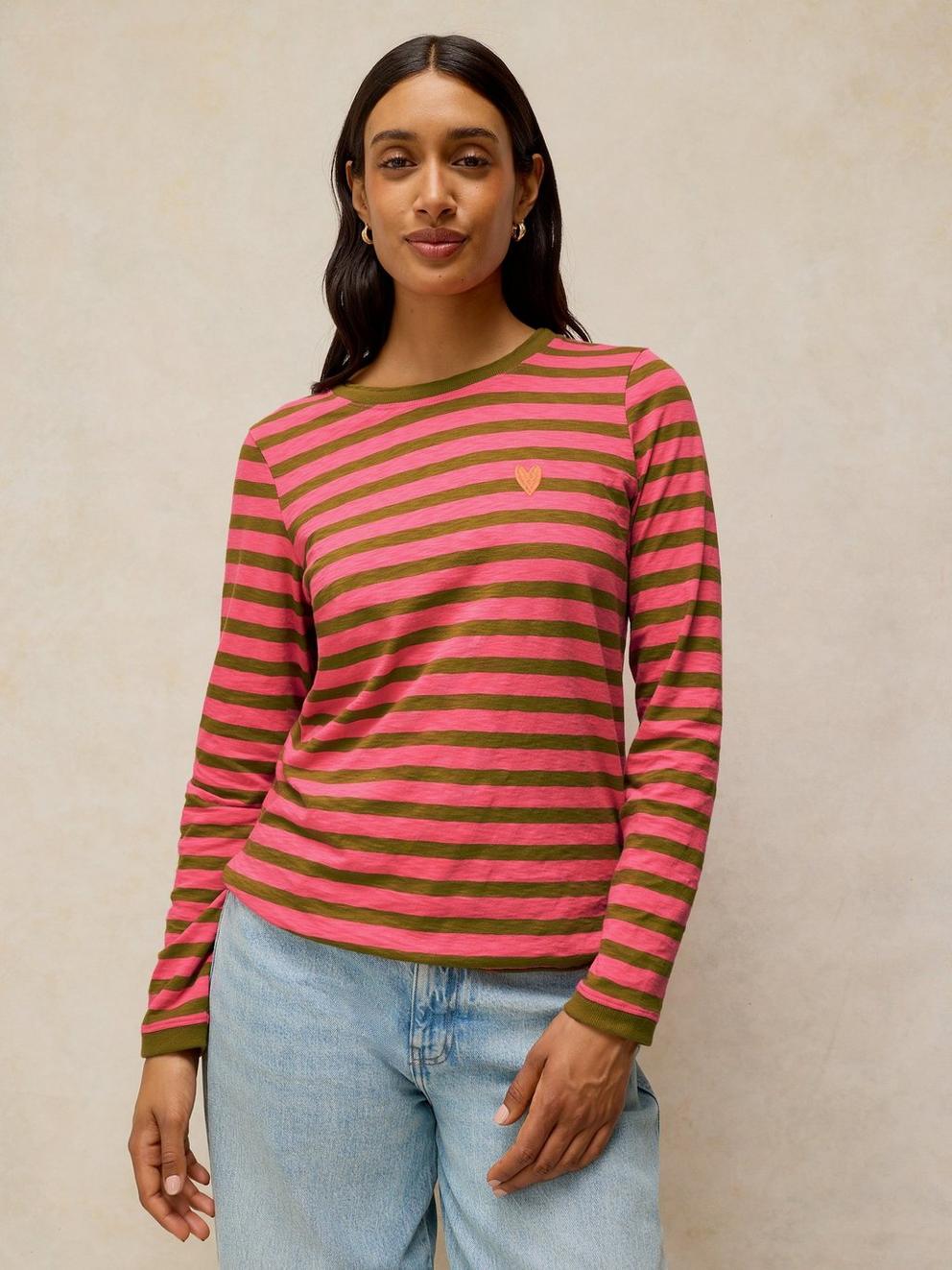 CLARA STRIPE EMBROIDERED TEE in PINK MLT - MODEL DETAIL
