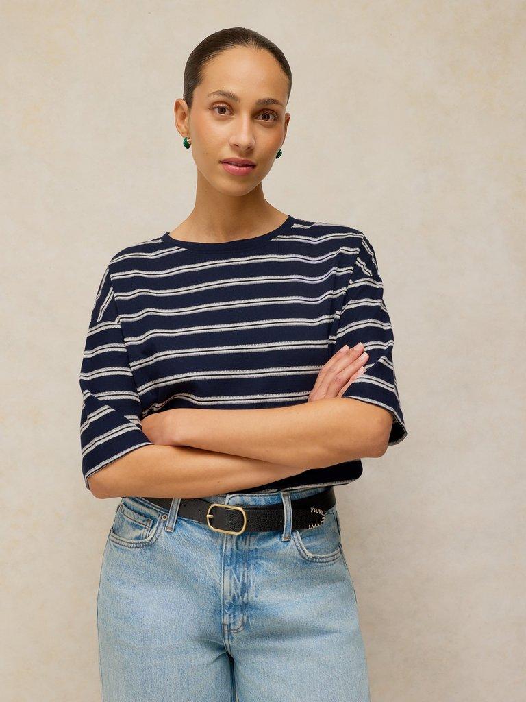 KATYA STRIPE TEE in NAVY MULTI - MODEL DETAIL