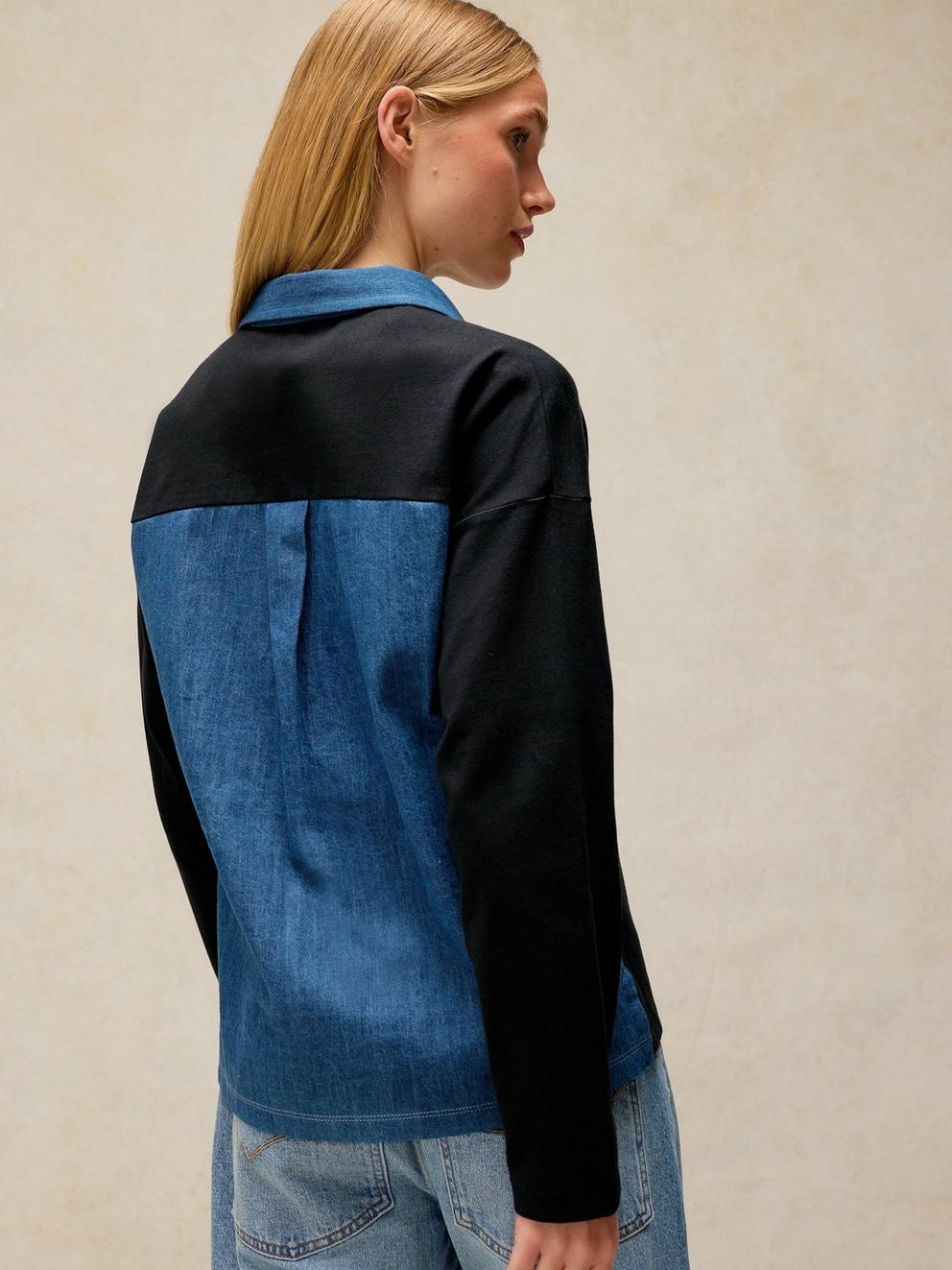 DENIM MIX RUGBY TOP in DARK NAVY - MODEL BACK
