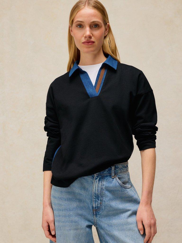 DENIM MIX RUGBY TOP in DARK NAVY - MODEL DETAIL