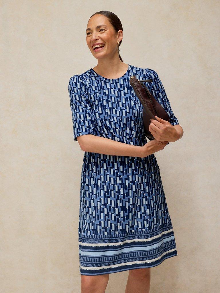 OLIVIA JERSEY DRESS in BLUE MLT - MODEL FRONT