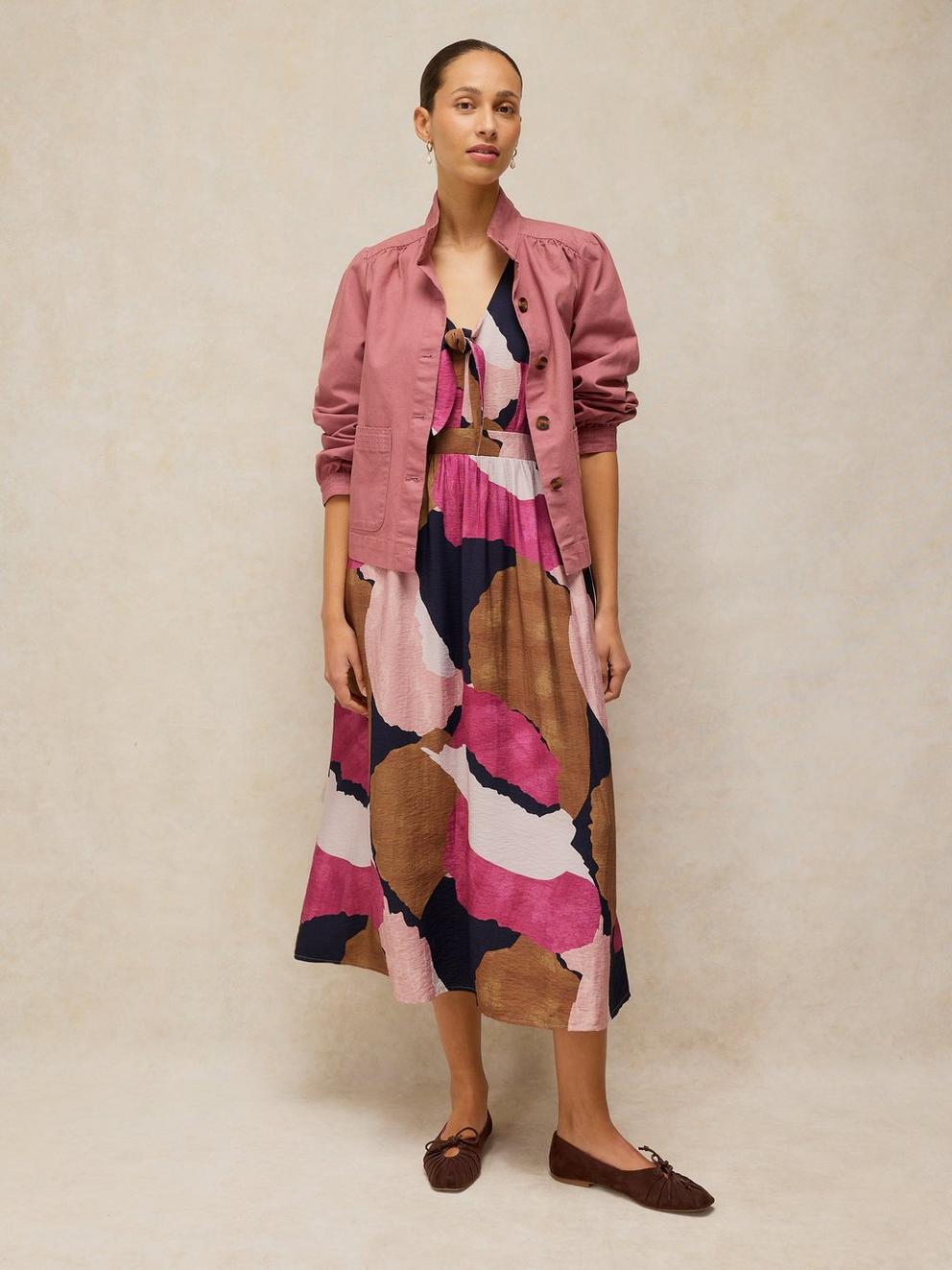MAISIE KNOT DRESS in PINK MLT - MODEL FRONT