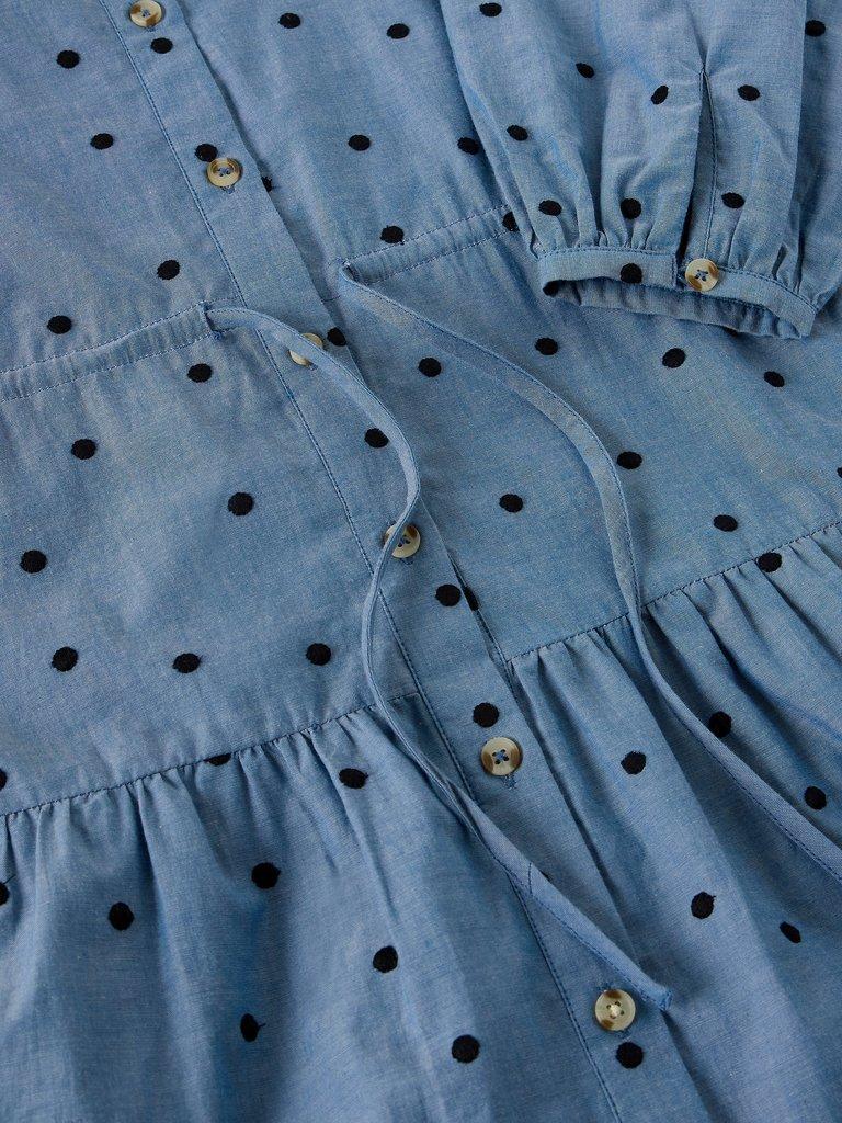 ELSIE EMBROIDERED DRESS in CHAMB BLUE - FLAT DETAIL