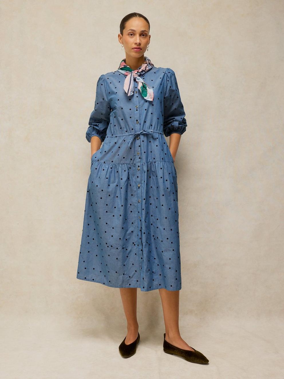 ELSIE EMBROIDERED DRESS in CHAMB BLUE - LIFESTYLE