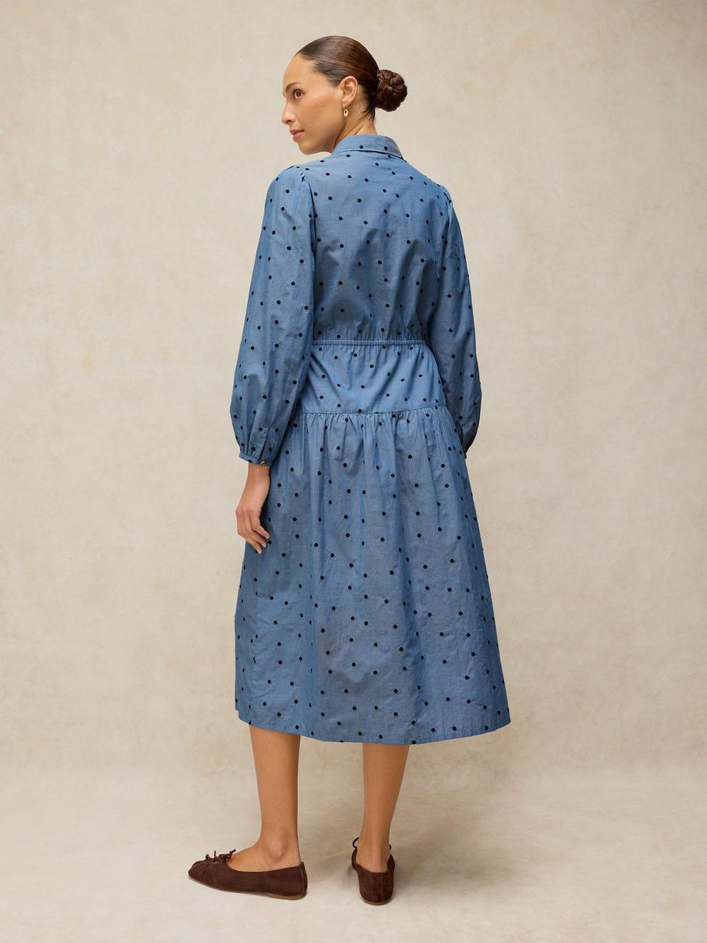 ELSIE EMBROIDERED DRESS in CHAMB BLUE - MODEL BACK