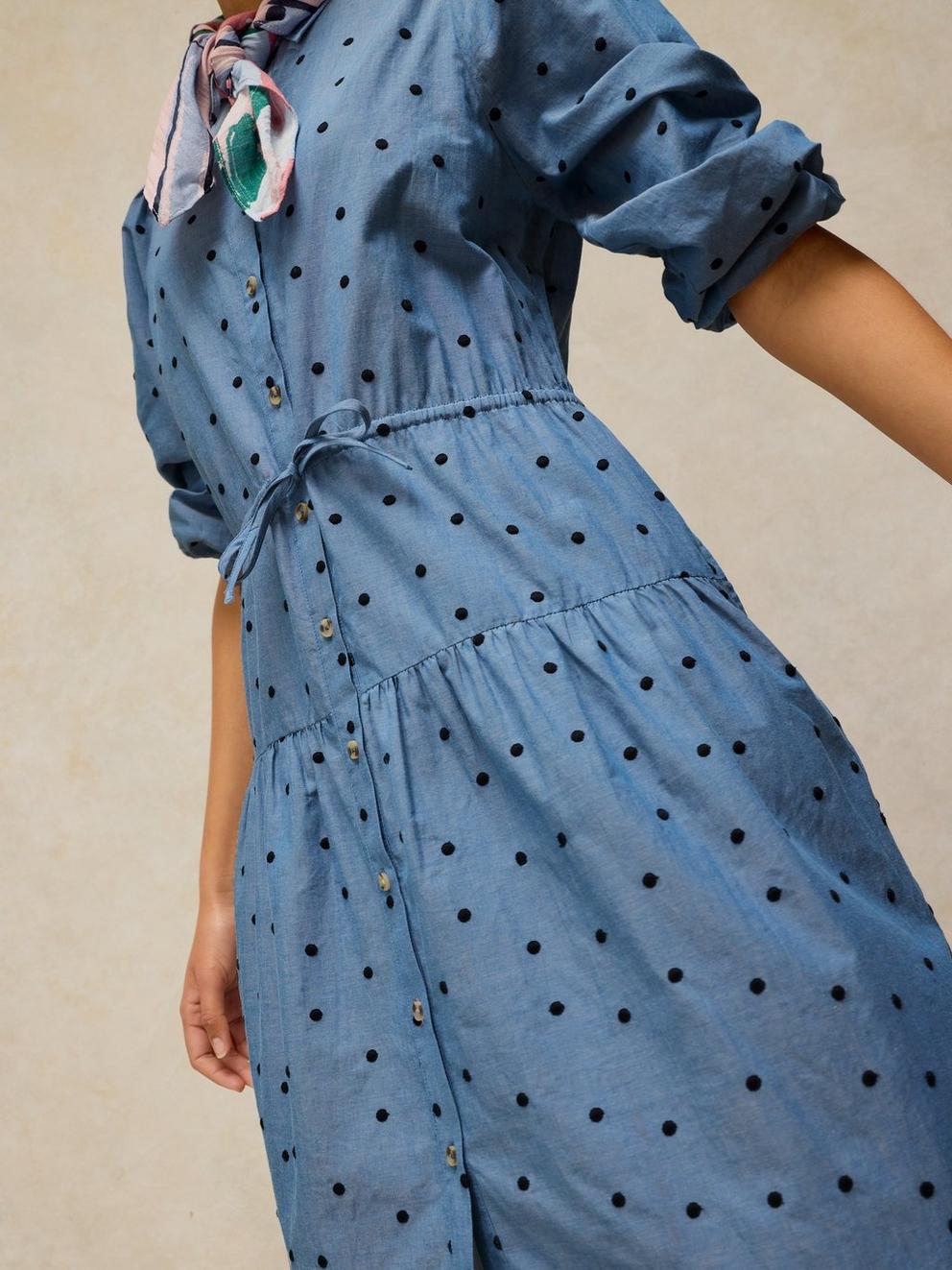 ELSIE EMBROIDERED DRESS in CHAMB BLUE - MODEL DETAIL