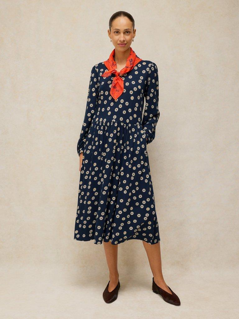 LEAH JERSEY DRESS in NAVY MULTI - MODEL FRONT