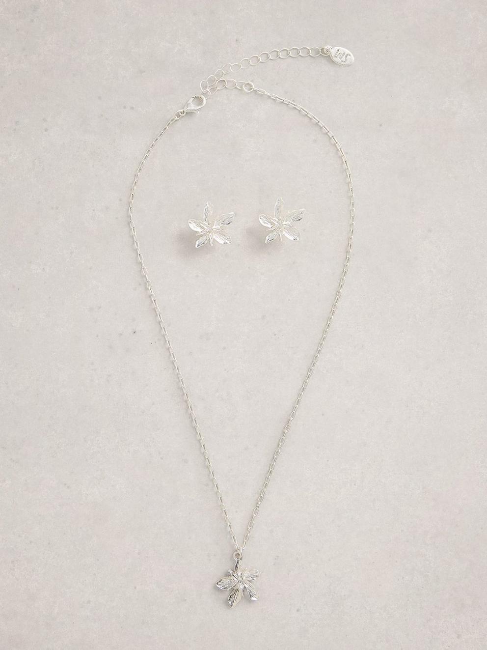 2PK Fleur Necklace  Earring in SLV TN MET - FLAT FRONT