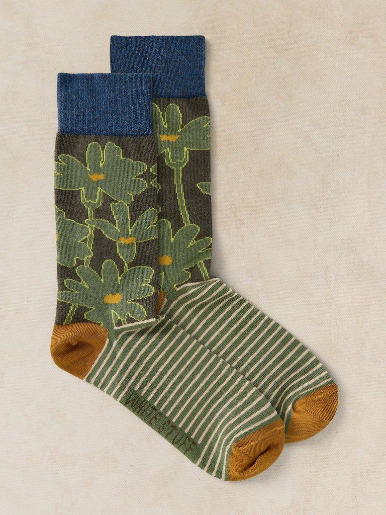 FLORAL STRIPE ANKLE SOCK in DK TEAL - FLAT FRONT