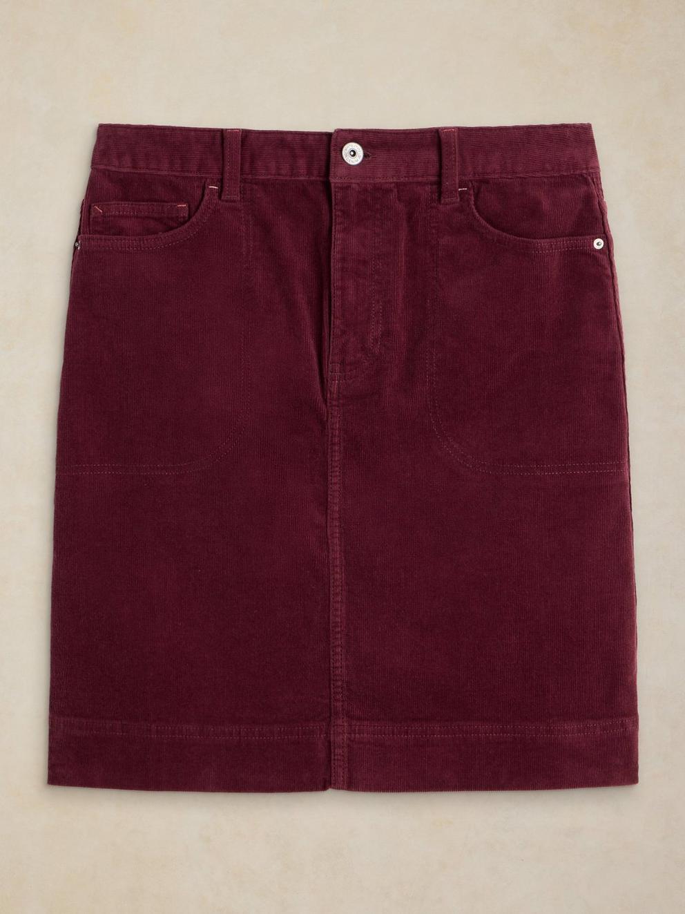 TIA CORD SKIRT in DK PLUM - FLAT FRONT