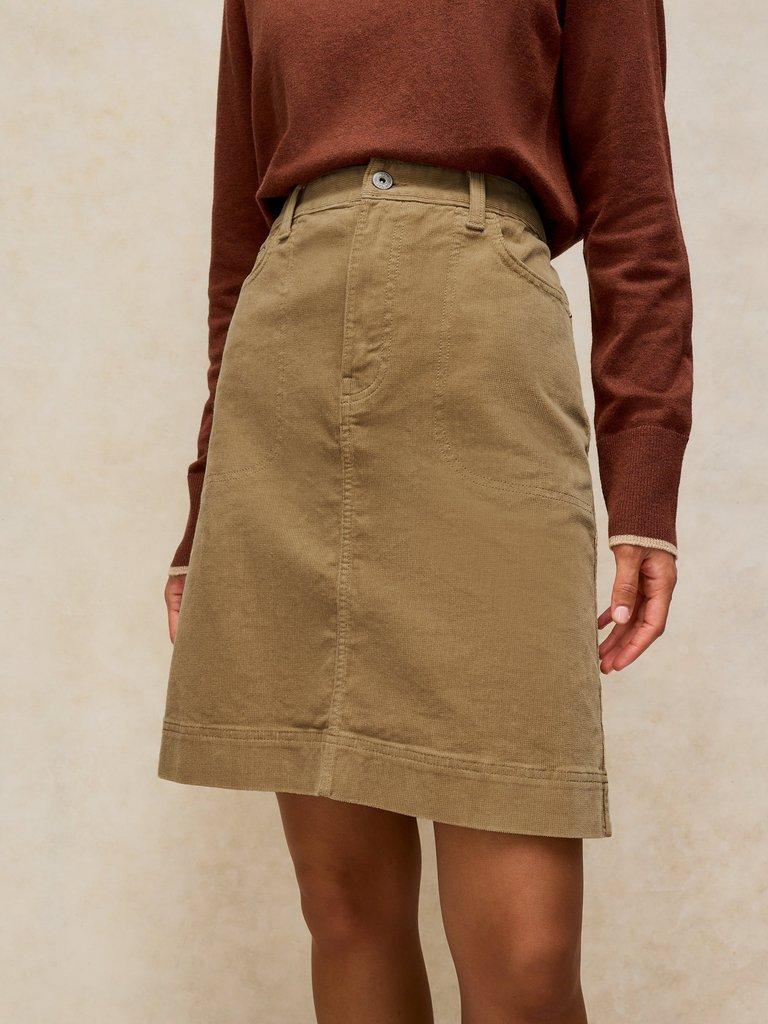 TIA CORD SKIRT in LGT GREEN - MODEL FRONT