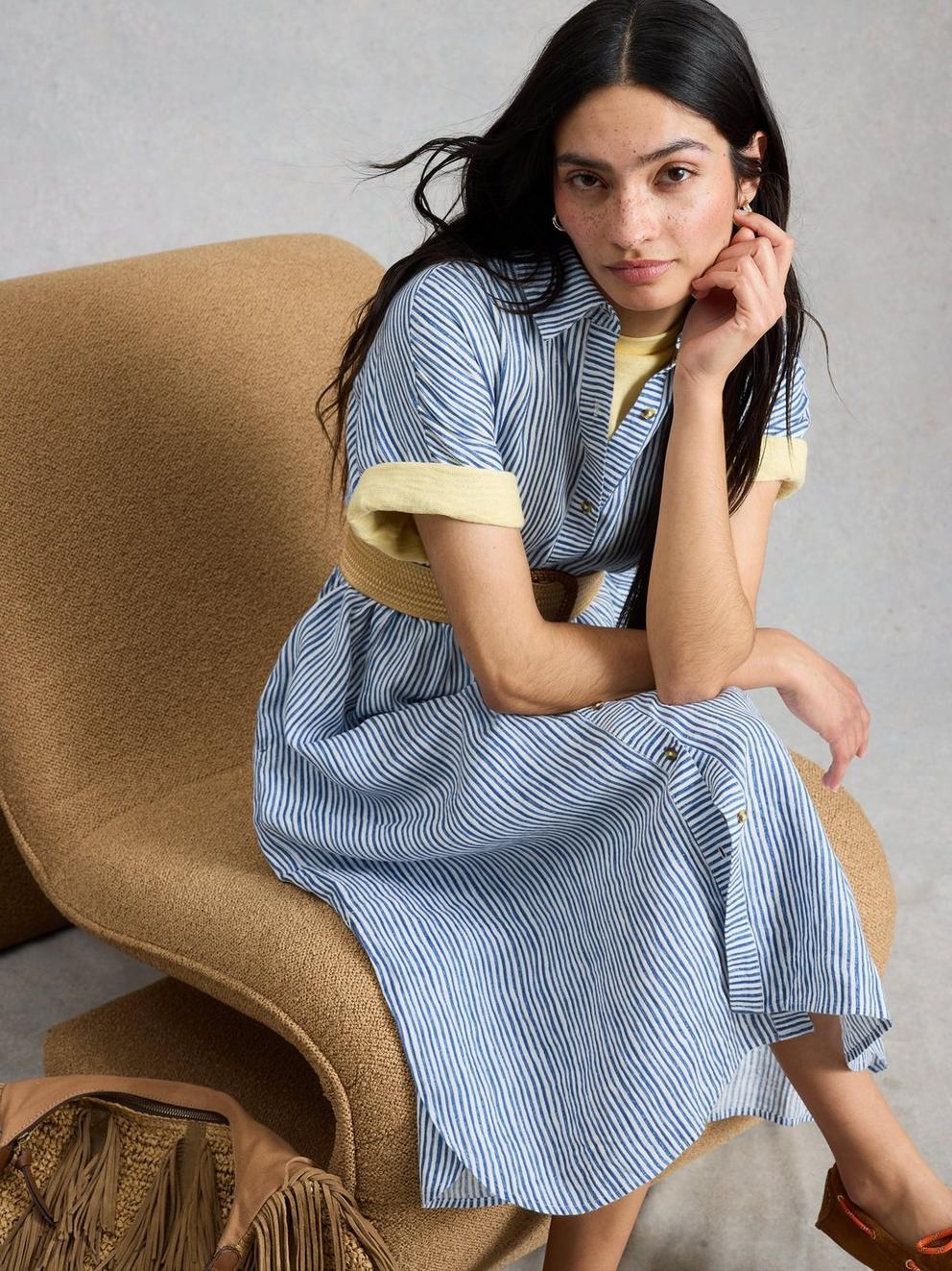 Annabelle Stripe Linen Dress in BLUE MLT - LIFESTYLE