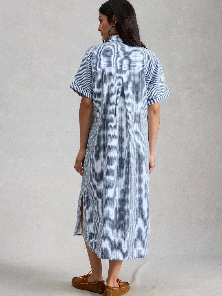 Annabelle Stripe Linen Dress in BLUE MLT - MODEL BACK