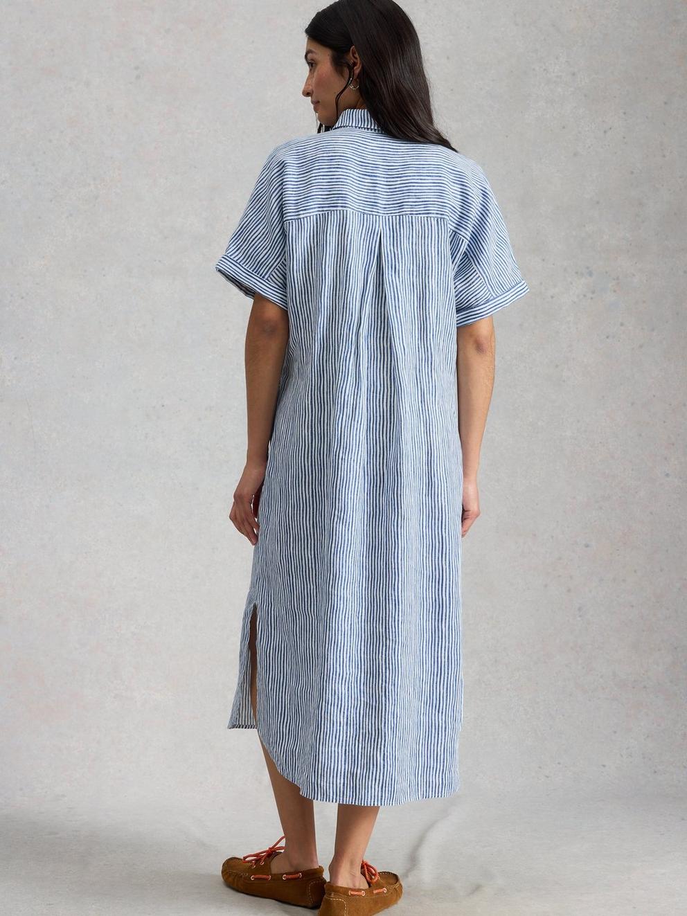 Annabelle Stripe Linen Dress in BLUE MLT - MODEL BACK
